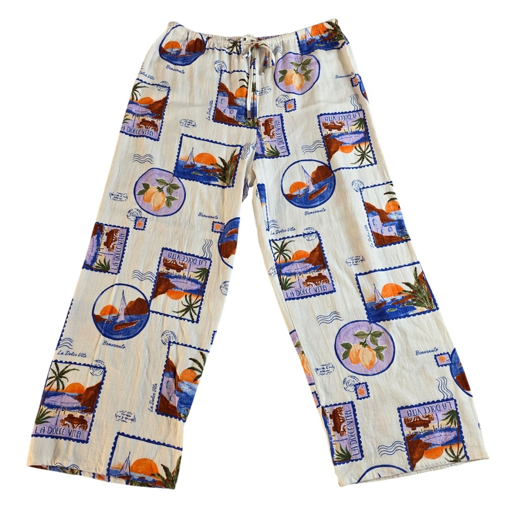 Label of Love Wide Leg‎ Pants Women Large White Postcard Print Linen Blend Boho